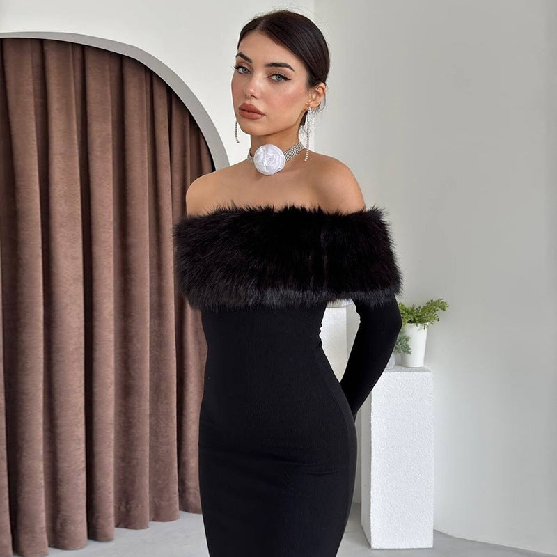 Robe élégante asymétrique à col en fourrure, coupe ajustée, pour femme.