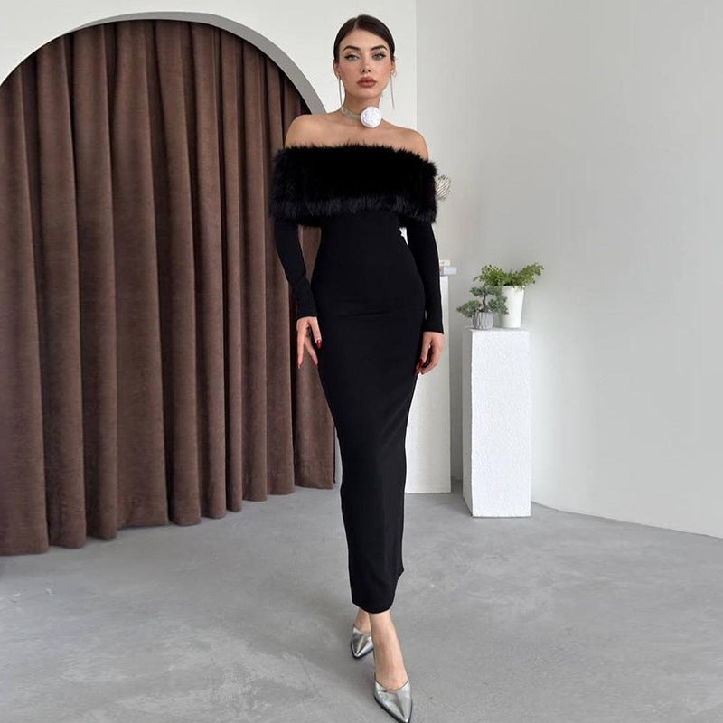 Robe élégante asymétrique à col en fourrure, coupe ajustée, pour femme.