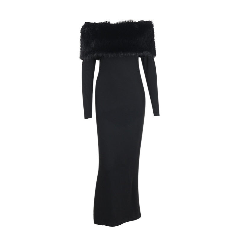 Robe élégante asymétrique à col en fourrure, coupe ajustée, pour femme.