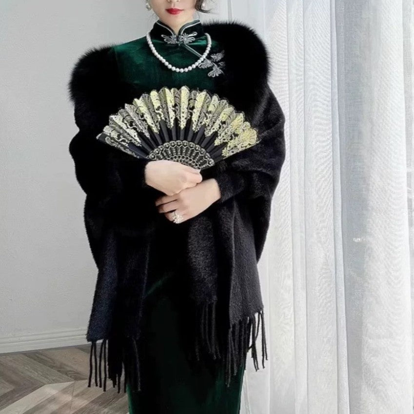 fausse fourrure tricoté  couleur unie gland mi-longueur col en fourrure poncho