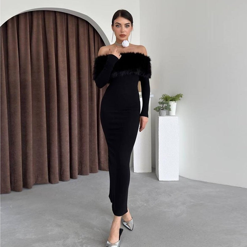 Robe élégante asymétrique à col en fourrure, coupe ajustée, pour femme.