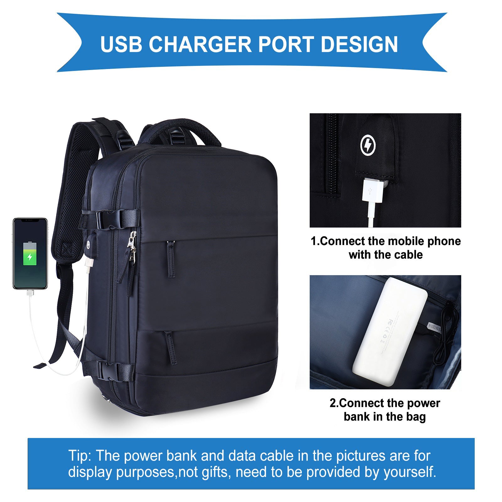 Sac à dos de voyage multifonctionnel de grande capacité USB chargeur intégré