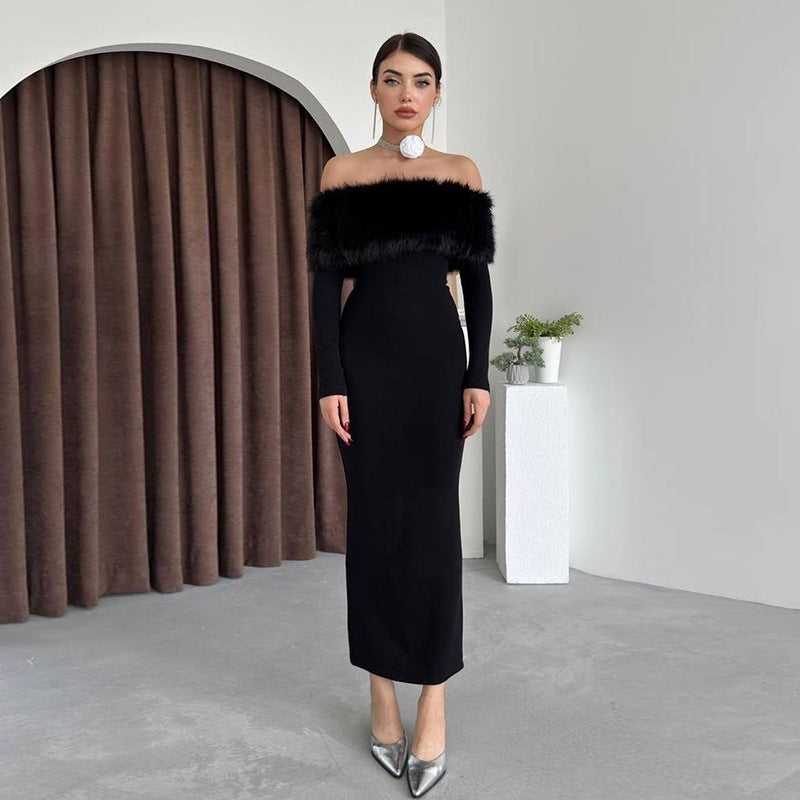 Robe élégante asymétrique à col en fourrure, coupe ajustée, pour femme.